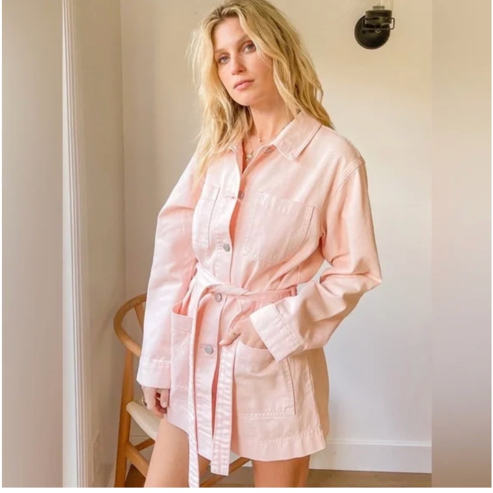 Hem & Thread Belted Denim Jacket Blush PINK Tunic Length Size small